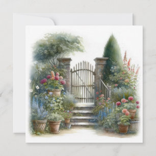 Watercolor Style Cottage Garden Gate Hello Hi Card