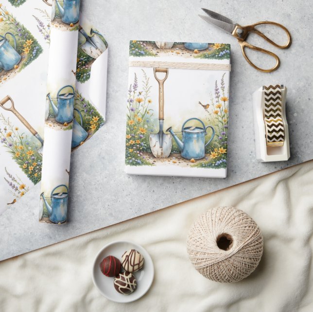  Watercolor Style Garden Gardener tools  Wrapping Paper (Crafts)