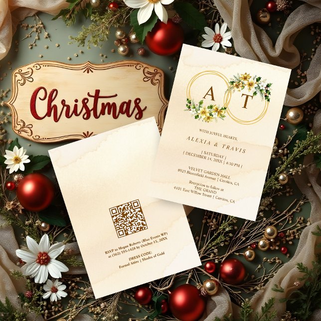 Watercolor Style Gold Floral Christmas Wreath Invitation (Watercolor Style Gold Floral Christmas Wreath with Initials Wedding Invitation with Back QR Code. )