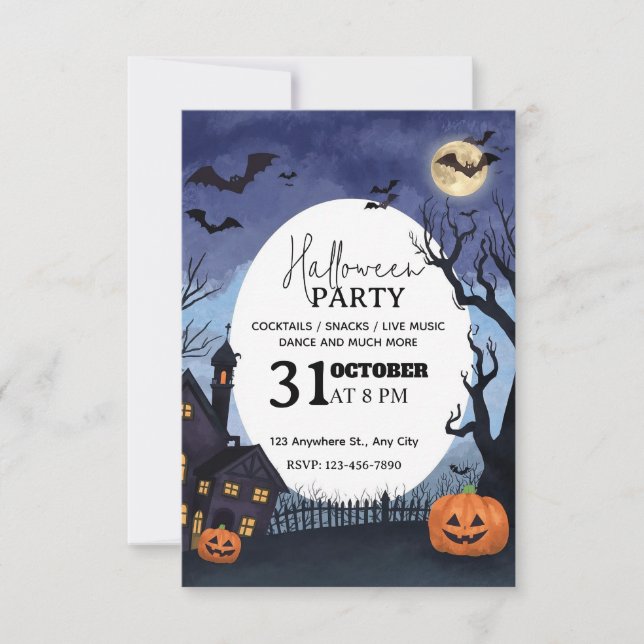 Watercolor-Style Halloween Party Invitation  (Front)