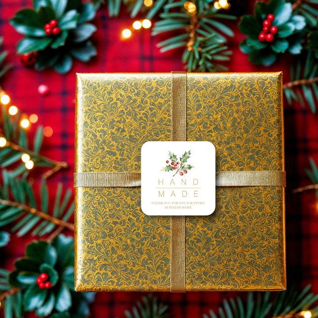 Watercolor Style Holly Branches Handmade Quote Square Sticker (Pretty Minimalist Watercolor Style Holly Branches Handmade Quote Christmas Square Sticker. )