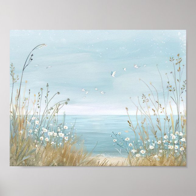 watercolor style illustration beach scene poster (Front)