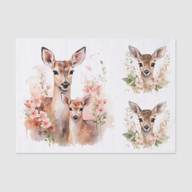 Watercolor Style Illustration of a Doe & Fawns Tissue Paper (Front)