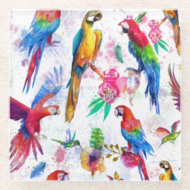 Watercolor Style Parrots 2 Glass Coaster (Front)