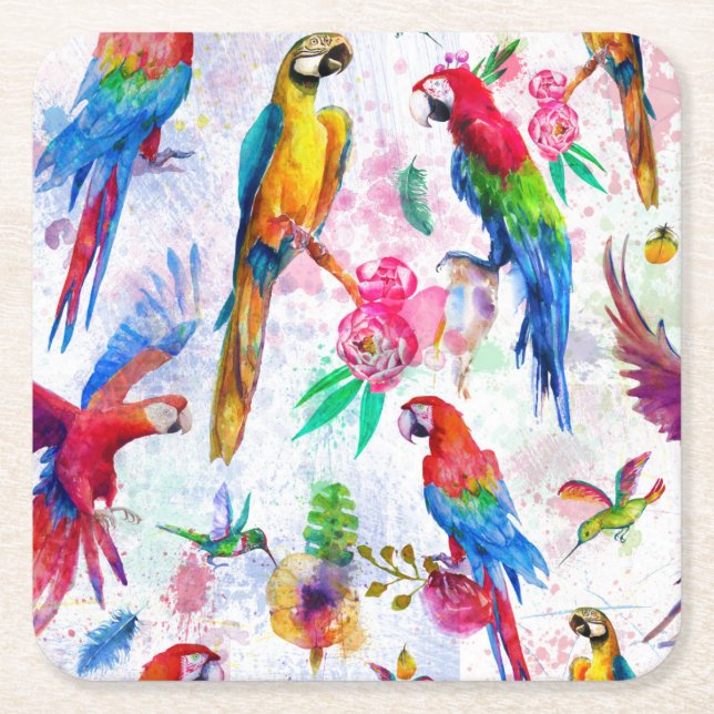 Watercolor Style Parrots 2 Square Paper Coaster (Front)