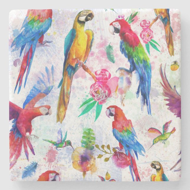 Watercolor Style Parrots 2 Stone Coaster (Front)
