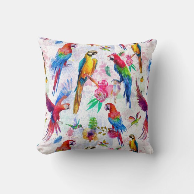 Watercolor Style Parrots Cushion (Front)