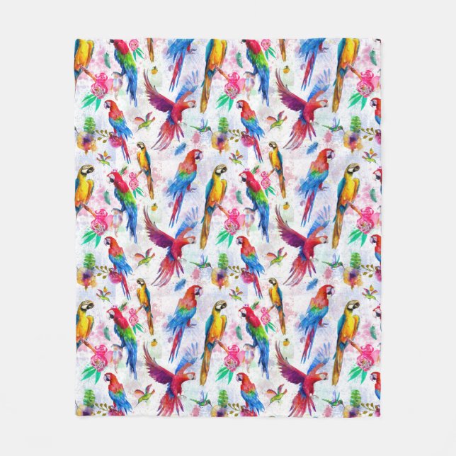 Watercolor Style Parrots Fleece Blanket (Front)