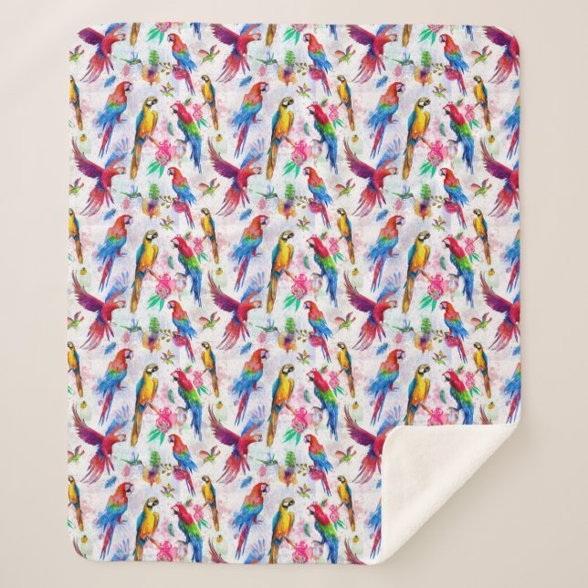 Watercolor Style Parrots Sherpa Blanket (Front)