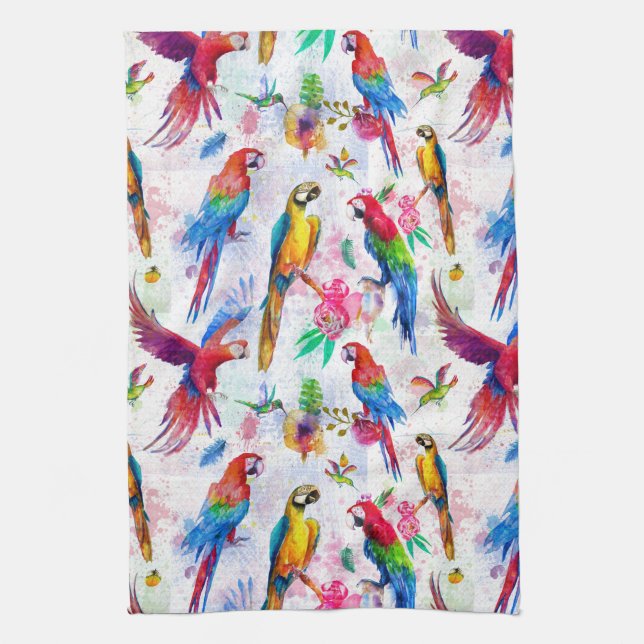 Watercolor Style Parrots Tea Towel (Vertical)