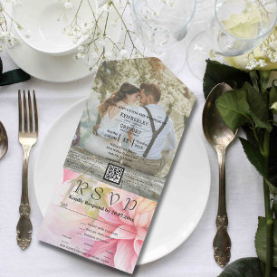 Watercolor Style Pink Dahlia Photo QR Code Website All In One Invitation