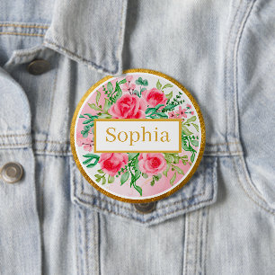 Watercolor Style Pink Roses, Green Leaves and Gold 10 Cm Round Badge