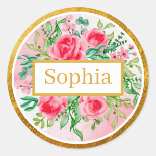 Watercolor Style Pink Roses, Green Leaves and Gold Classic Round Sticker