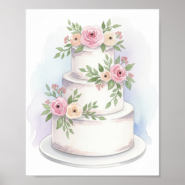Watercolor Style Wedding Cake Art Print (Front)