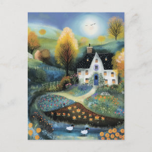 Watercolor Style White Cottage Landscape Postcard