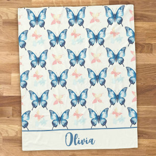 Watercolor Stylish Blue Butterflies Fleece Blanket