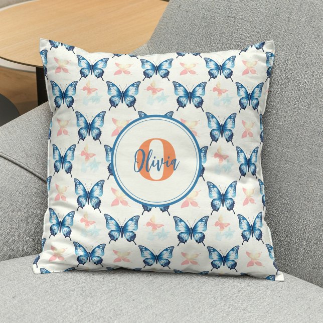 Watercolor Stylish Blue Butterflies Monogram Cushion (Creator Uploaded)