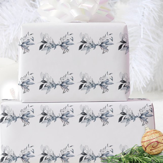 Watercolor Stylish Blue Winter Foliage Christmas Wrapping Paper (Creator Uploaded)