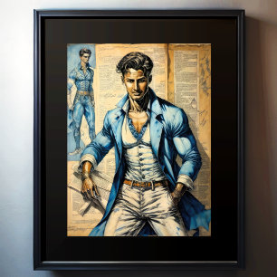 Watercolor Suave Man Newsprint Collage Poster