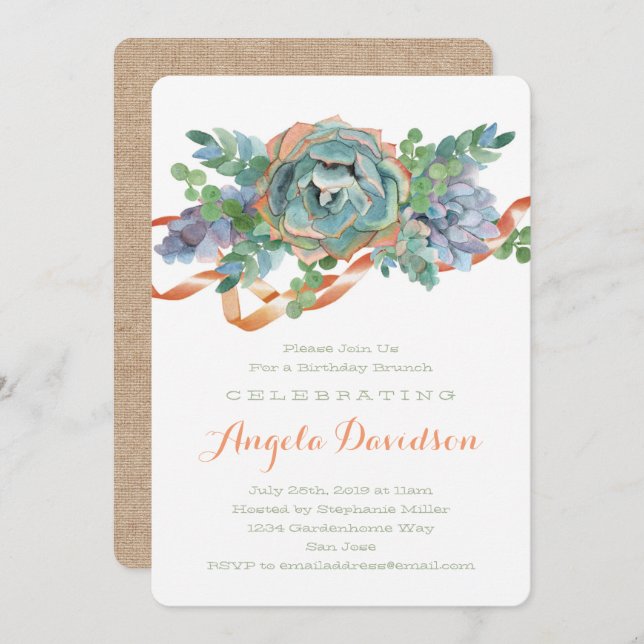 Watercolor Succulent Birthday Brunch Party Invitation (Front/Back)