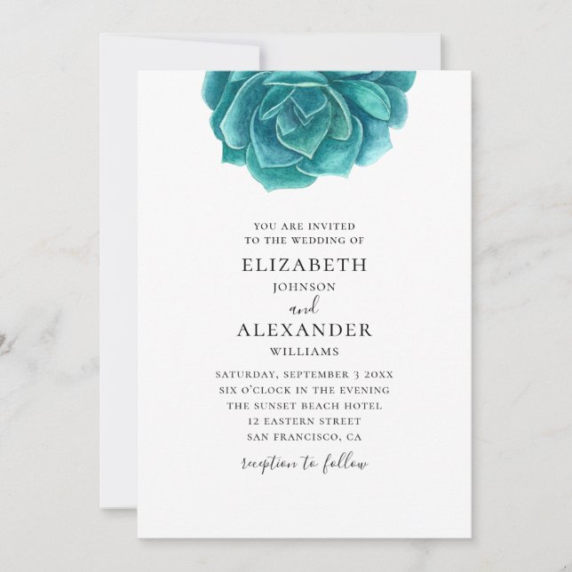 Watercolor succulent. Blue & teal cactus wedding I Invitation (Front)