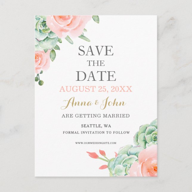 Watercolor Succulent Blush Floral Elegant Wedding Announcement Postcard (Front)