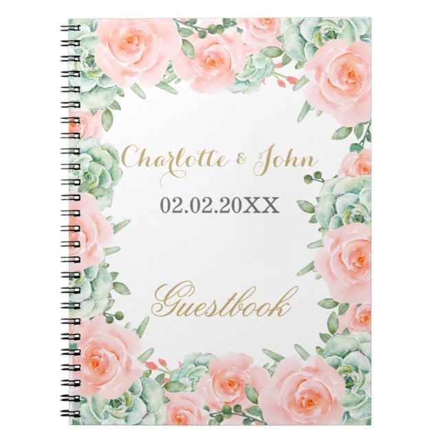 Watercolor Succulent Blush Floral Elegant Wedding Spiral Notebook (Front)