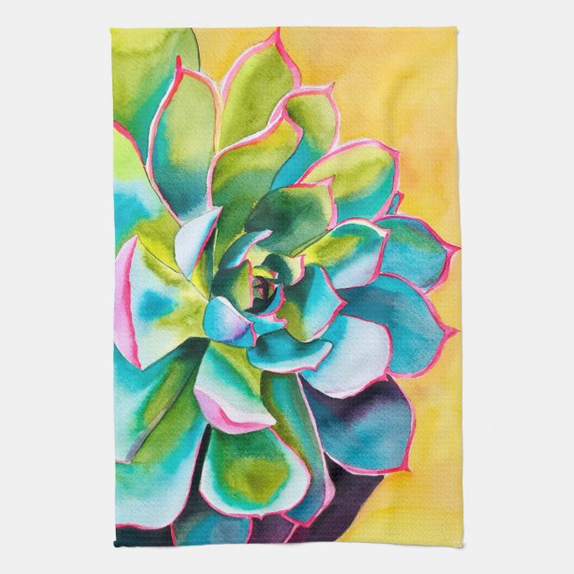 Watercolor succulent botanical tea towel (Vertical)