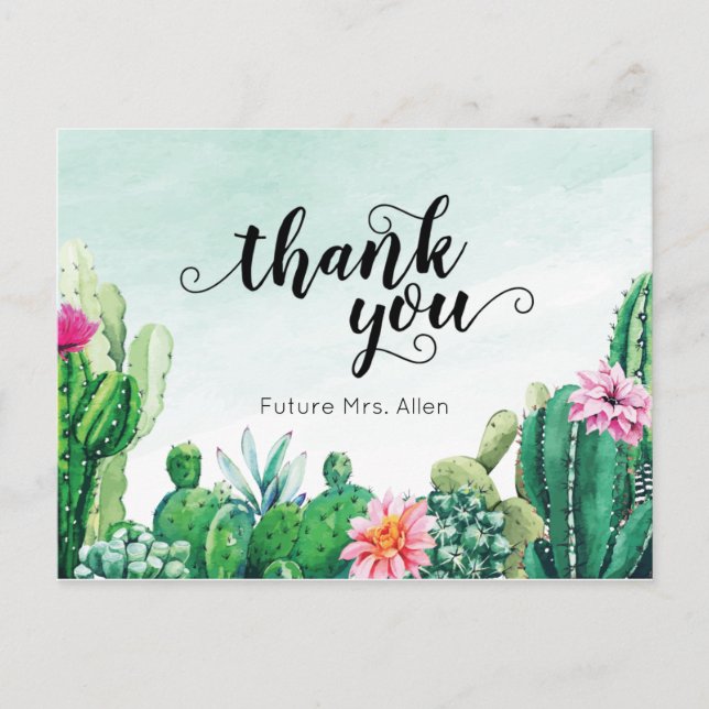 Watercolor Succulent Bridal Shower Flat Thank You Postcard (Front)