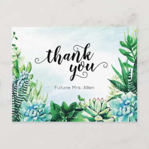 Watercolor Succulent Bridal Shower Flat Thank You Postcard