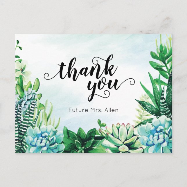Watercolor Succulent Bridal Shower Flat Thank You Postcard (Front)