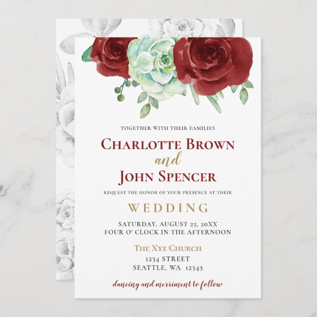 watercolor succulent burgundy gold floral wedding invitation (Front/Back)