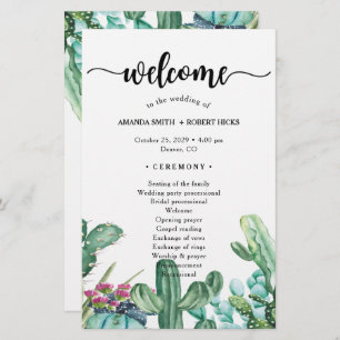Watercolor Succulent Cactus Floral Wedding Program