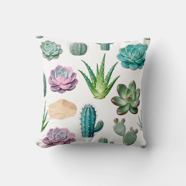 Watercolor Succulent Cactus Pattern Cushion (Front)