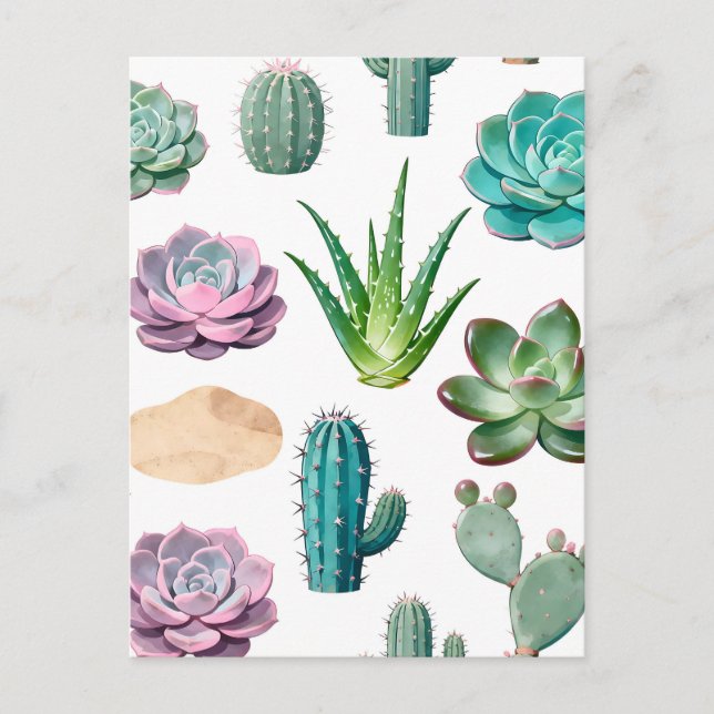 Watercolor Succulent Cactus Pattern Postcard (Front)