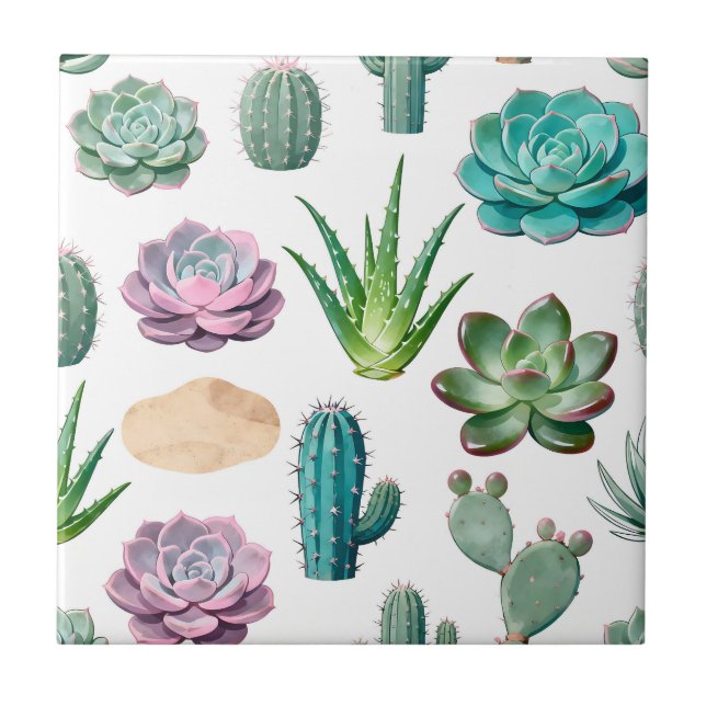 Watercolor Succulent Cactus Pattern Tile (Front)
