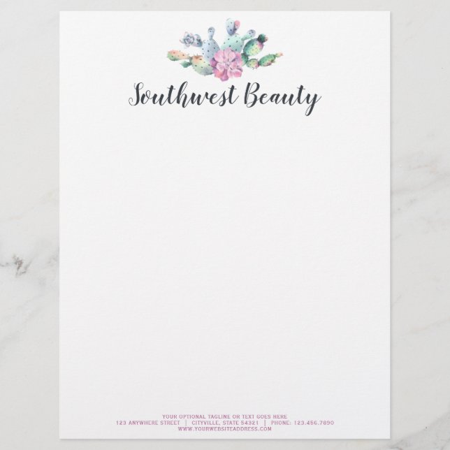 Watercolor Succulent Cactus Prickly Pear Bohemian Custom Letterhead (Front)