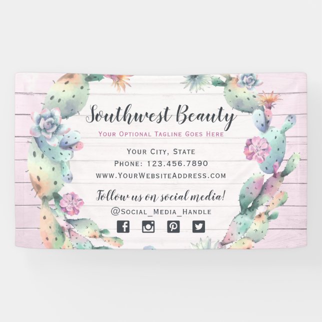Watercolor Succulent Cactus & Rustic Wood Bohemian Banner (Horizontal)