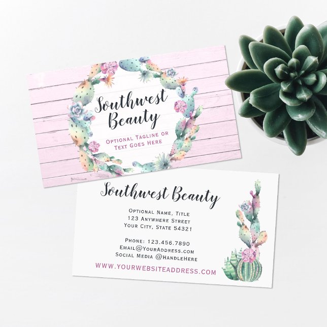 Watercolor Succulent Cactus & Rustic Wood Bohemian Business Card (Creator Uploaded)