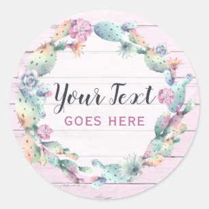 Watercolor Succulent Cactus & Rustic Wood Bohemian Classic Round Sticker