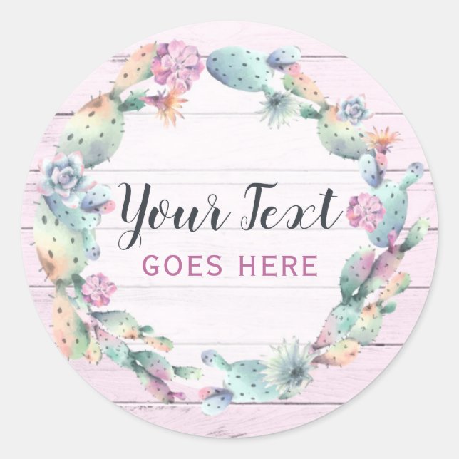 Watercolor Succulent Cactus & Rustic Wood Bohemian Classic Round Sticker (Front)