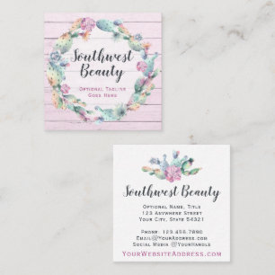 Watercolor Succulent Cactus & Rustic Wood Bohemian Square Business Card