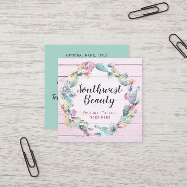 Watercolor Succulent Cactus & Rustic Wood Bohemian Square Business Card (Front/Back In Situ)