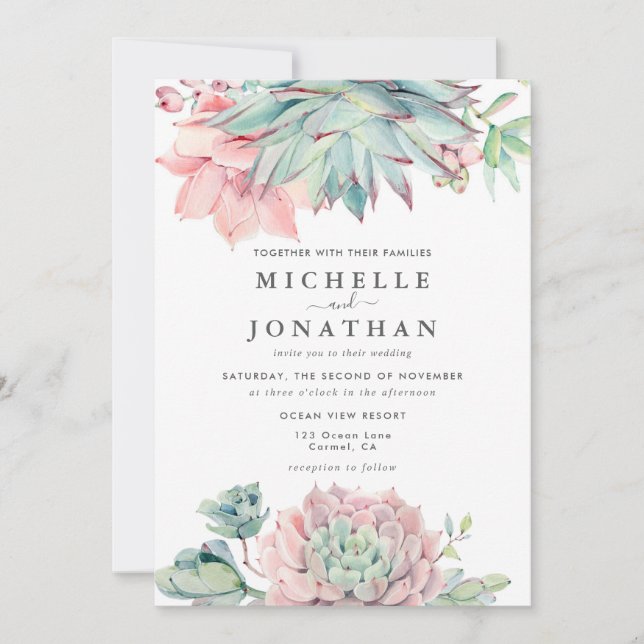 Watercolor Succulent Coastal Wedding Invitation (Front)