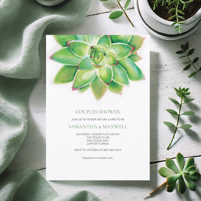 Watercolor Succulent Couples Shower Invitation (Bridal shower invitations simple watercolor succulent by Victoria Grigaliunas Do Tell A Belle)