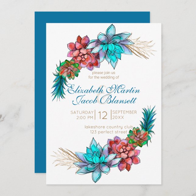 Watercolor Succulent, deep teal Wedding Invitation (Front/Back)