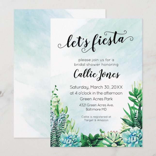 Watercolor Succulent Fiesta Shower Invitation (Front/Back)
