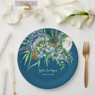 Watercolor Succulent Floral Bouquet Boho Wedding Paper Plate