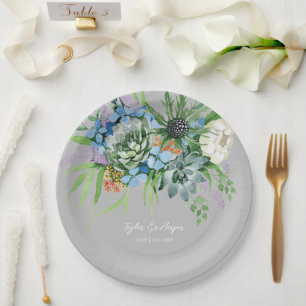 Watercolor Succulent Floral Bouquet Boho Wedding Paper Plate