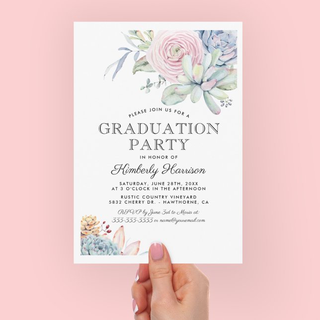 Watercolor Succulent Floral Graduation Party Invitation (Creator Uploaded)